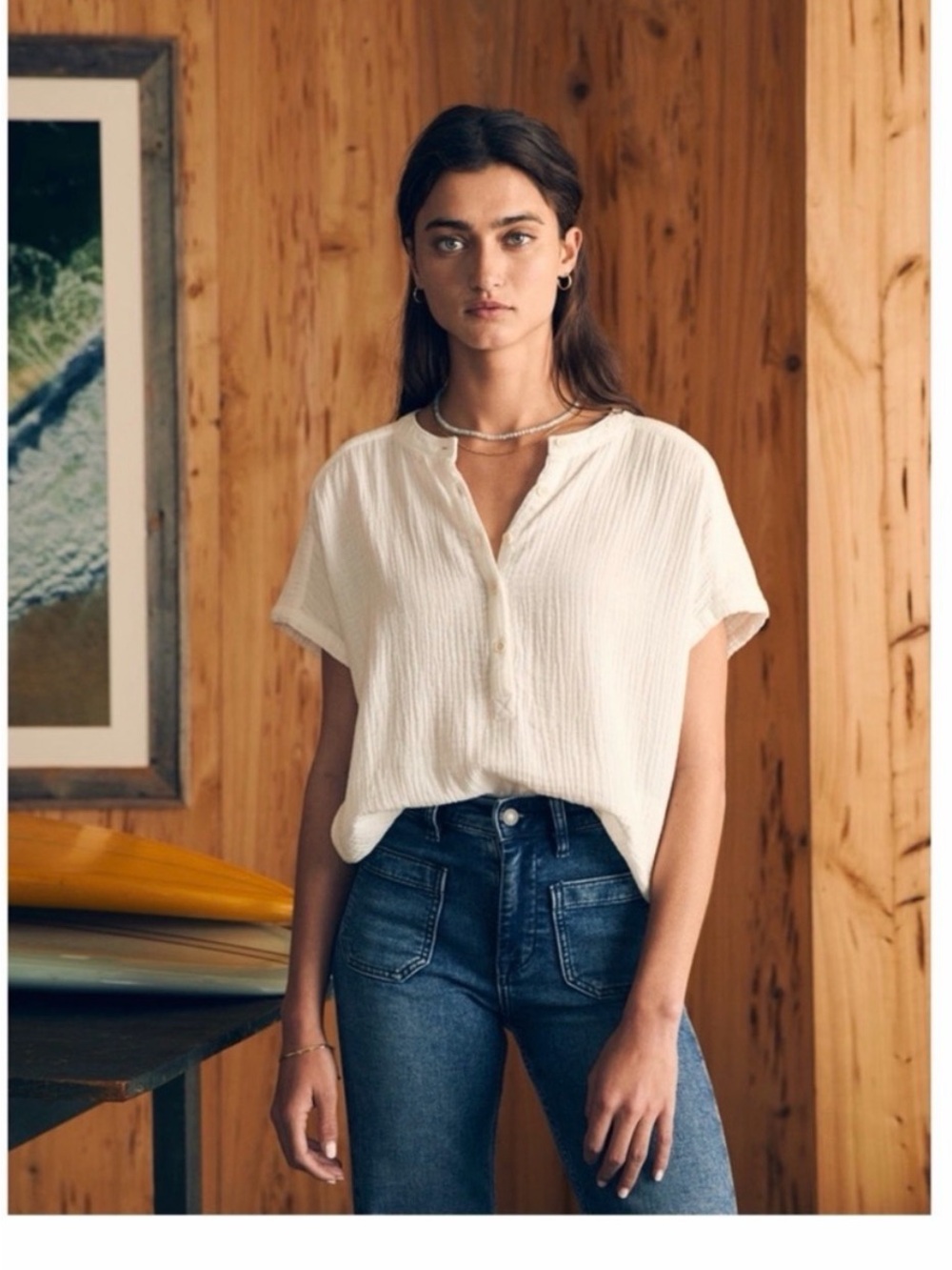 Faherty White Short-Sleeve Gauze Henley Tunic